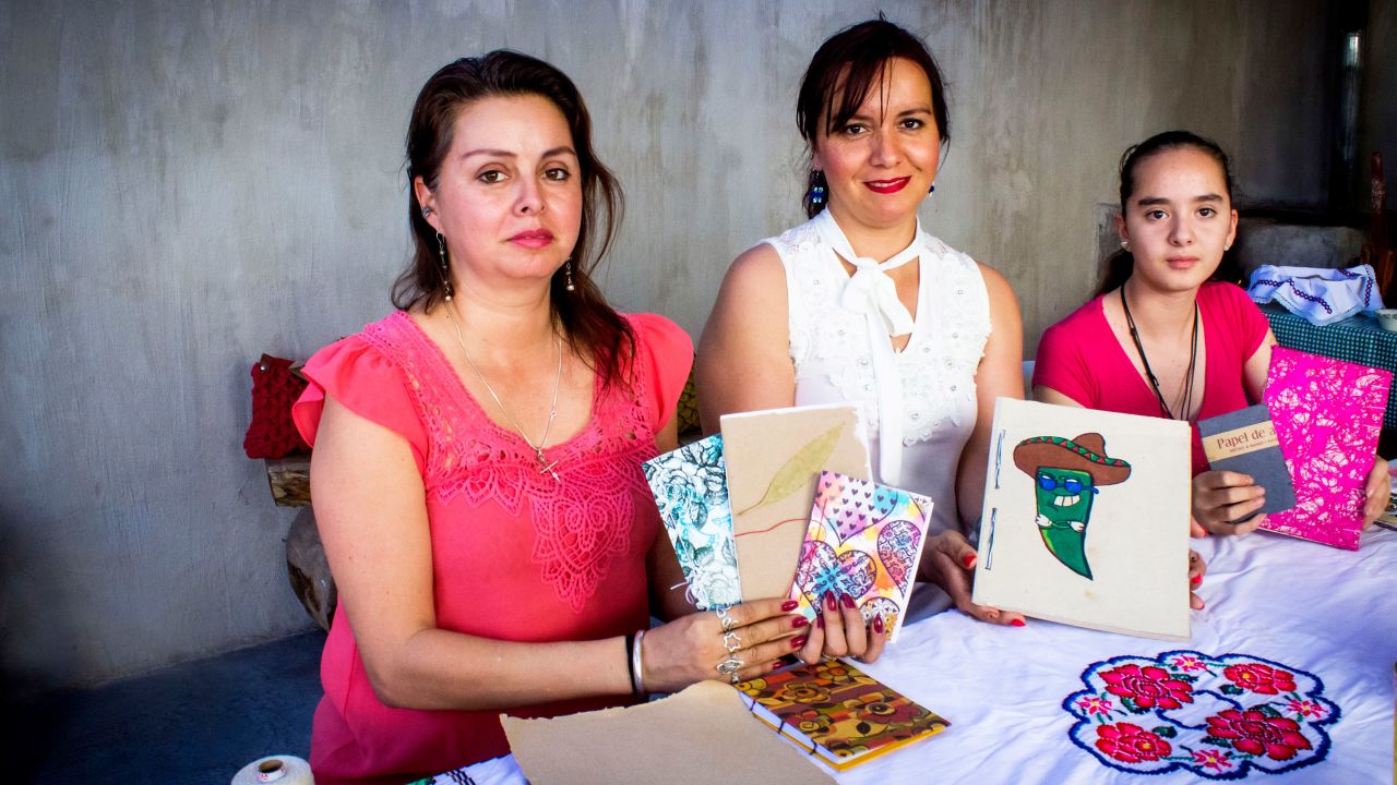 Alma Karina Cordero Villalobos, Evelyn Monserrat Achutigui Serna and Sandra Elizabeth Serna Caballero make paper books from agave for additional income. 