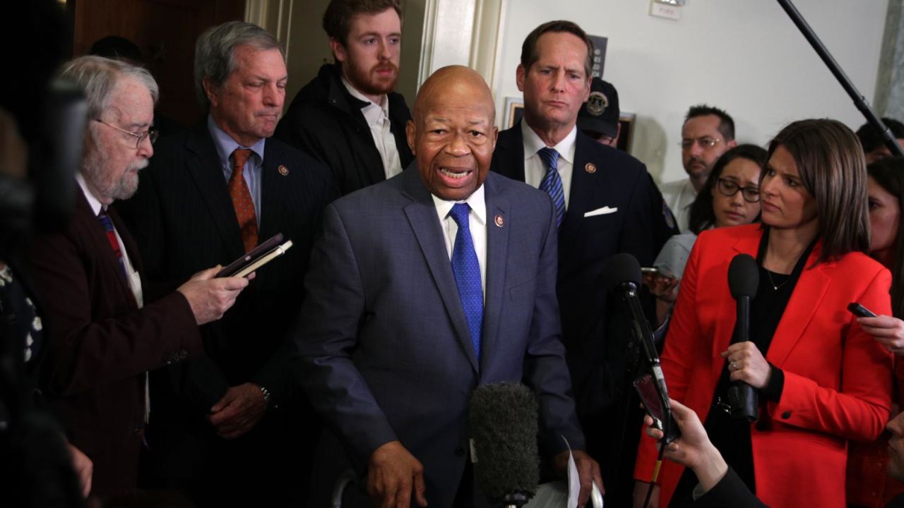 WASHINGTON, DC - FEBRUARY 27:  Committee chairman Rep. Elijah Cummings (D-MD) speaks to members of the media after Michael Cohen, former attorney and fixer for President Donald Trump, testified before the House Oversight Committee on Capitol Hill February 27, 2019 in Washington, DC. Last year Cohen was sentenced to three years in prison and ordered to pay a $50,000 fine for tax evasion, making false statements to a financial institution, unlawful excessive campaign contributions and lying to Congress as part of special counsel Robert Mueller's investigation into Russian meddling in the 2016 presidential elections. (Photo by Alex Wong/Getty Images)