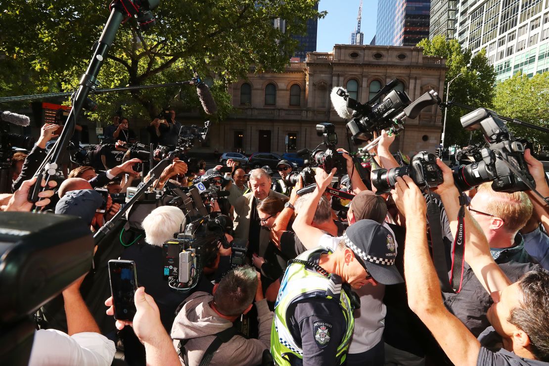 Cardinal Pell was surrounded by cameras as he arrived at court in Melbourne, Australia, Wednesday, February 27. He'll be sentenced on March 13. 