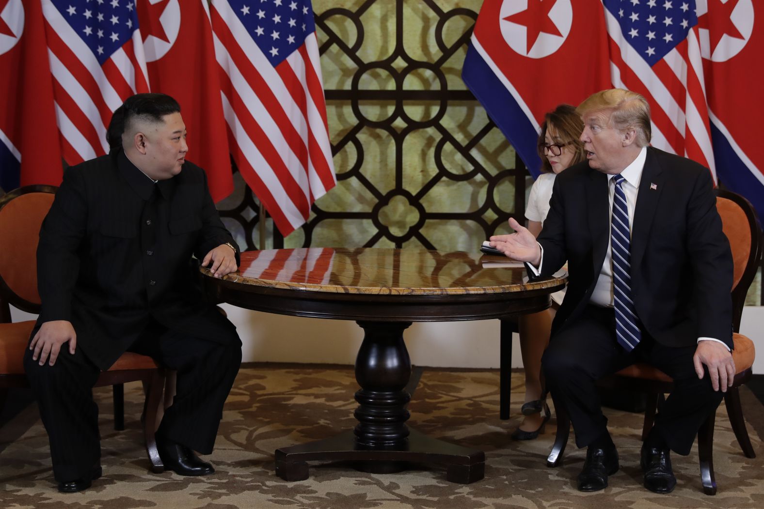 Kim and Trump are joined by translators as they meet at the start of the summit's second day. <a href="index.php?page=&url=https%3A%2F%2Fwww.cnn.com%2Fpolitics%2Flive-news%2Ftrump-kim-jong-un-summit-vietnam-february-2019%2Fh_5a896533f8fb45c3ebb810cd3e88adb8" target="_blank">Kim told the reporters there</a> that many people had been "skeptical" about the two leaders meeting. "I'm sure all of them will be watching the moment we are sitting together, side by side, as if they are watching a fantasy movie," he said.