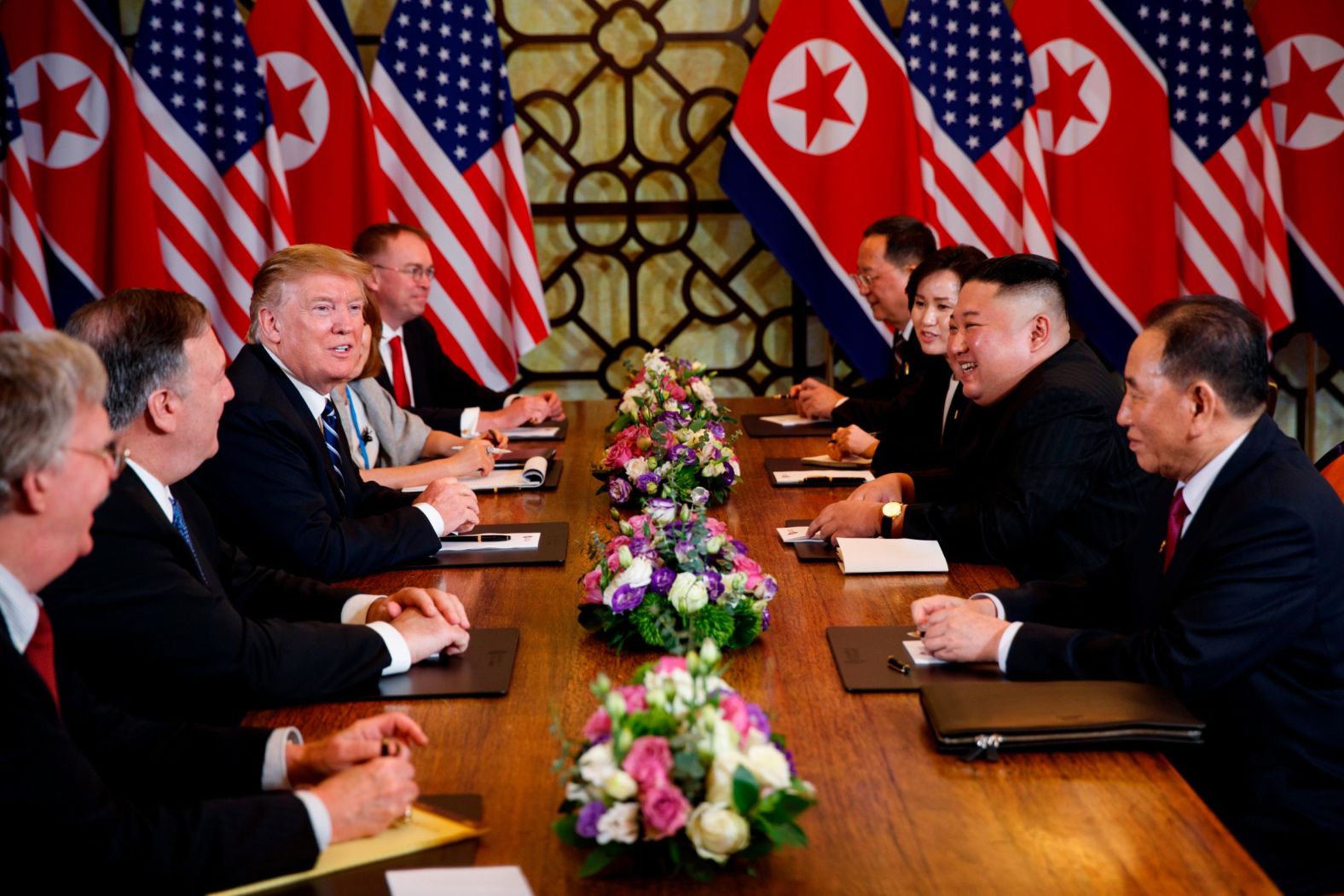 Trump and Kim, joined by members of their delegations, <a href="index.php?page=&url=https%3A%2F%2Fwww.cnn.com%2Fpolitics%2Flive-news%2Ftrump-kim-jong-un-summit-vietnam-february-2019%2Fh_a160081d43d542065754e17c7c3d8ace" target="_blank">take questions from reporters</a> before sitting down for talks on February 28. "We're having very, very productive discussions," Trump said.
