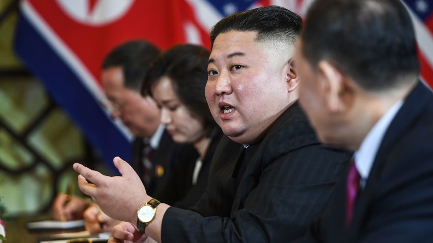 North Korea's leader Kim Jong Un (C) speaks during a bilateral meeting with US President Donald Trump (not pictured) at the second US-North Korea summit at the Sofitel Legend Metropole hotel in Hanoi on February 28, 2019. (Photo by Saul LOEB / AFP)        (Photo credit should read SAUL LOEB/AFP/Getty Images)