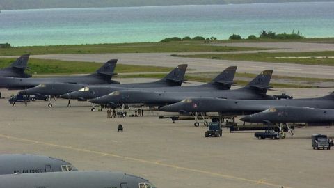 A row of B-1 bombers sits on the tarmac at the US base on Diego Garcia in 2001.