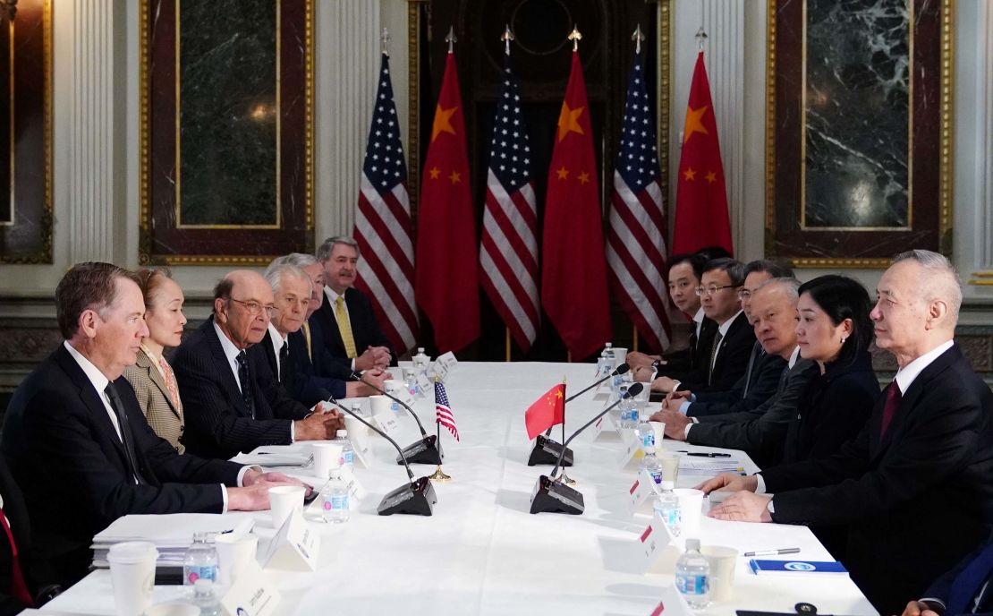 US Trade Representative Robert Lighthizer, front left, taking part in trade talks with Chinese Vice Premier Liu He, front right, in Washington earlier in February.