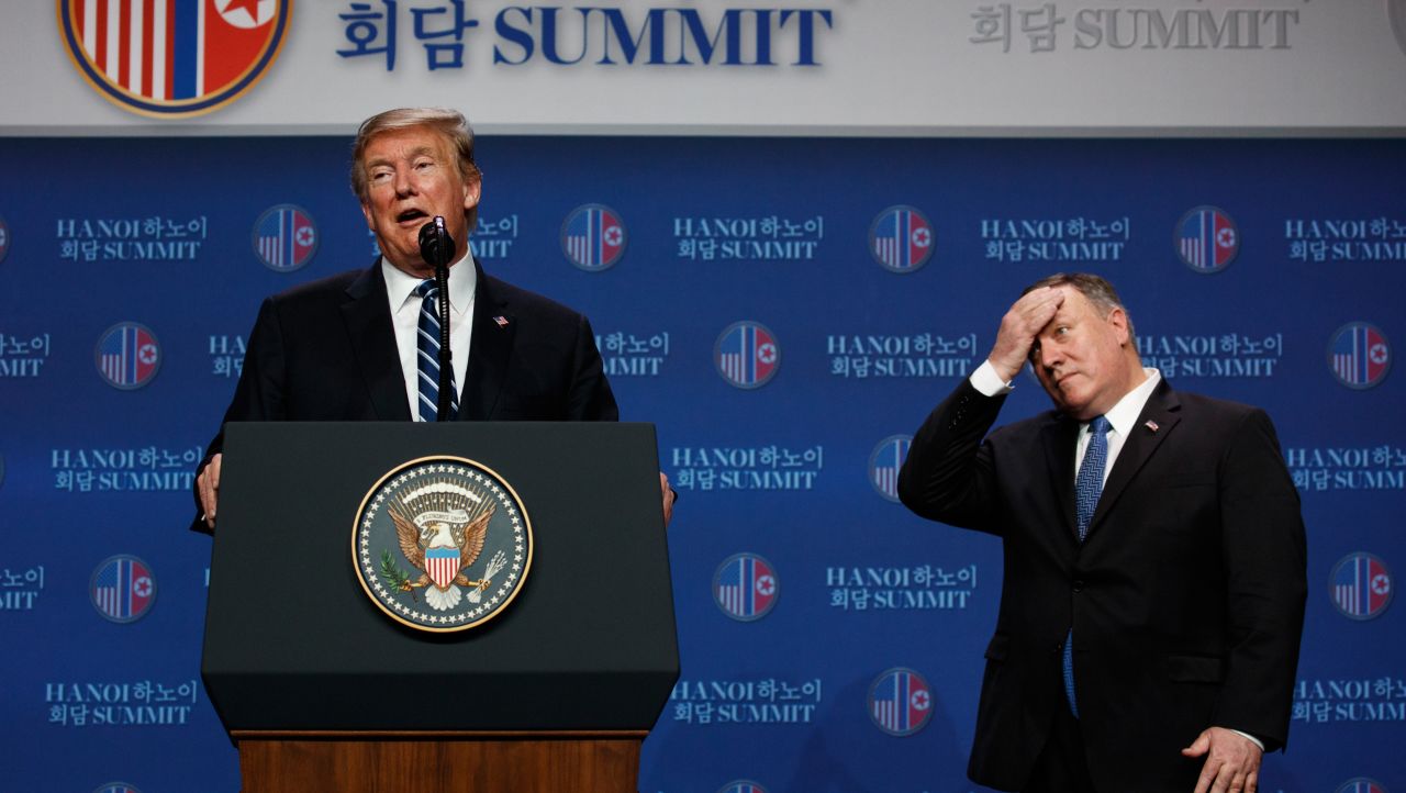 US President Donald Trump speaks as Secretary of State Mike Pompeo looks on during a news conference after the summit with North Korean leader Kim Jong Un in Hanoi, Vietnam, on Thursday, February 28.