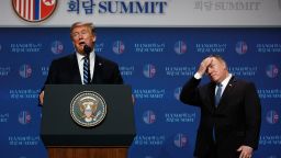 President Donald Trump speaks as Sec of State Mike Pompeo looks on during a news conference after a summit with North Korean leader Kim Jong Un, Thursday, Feb. 28, 2019, in Hanoi. (AP Photo/ Evan Vucci)