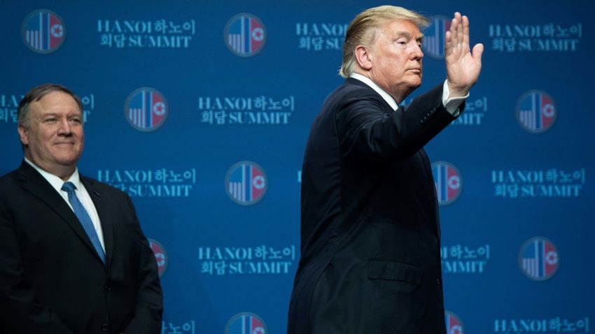US President Donald Trump (R) and US Secretary of State Mike Pompeo leave after a press conference following the second US-North Korea summit in Hanoi on February 28, 2019. - The nuclear summit between US President Donald Trump and Kim Jong Un in Hanoi ended without an agreement on February 28, the White House said after the two leaders cut short their discussions. (Photo by SAUL LOEB / AFP) (Photo credit should read SAUL LOEB/AFP/Getty Images)