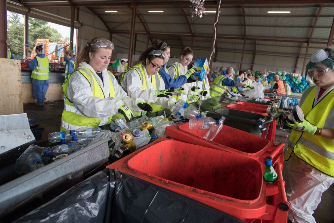 Litter is processed at the Glastonbury Festival's purpose-built recycling center in June 2017.