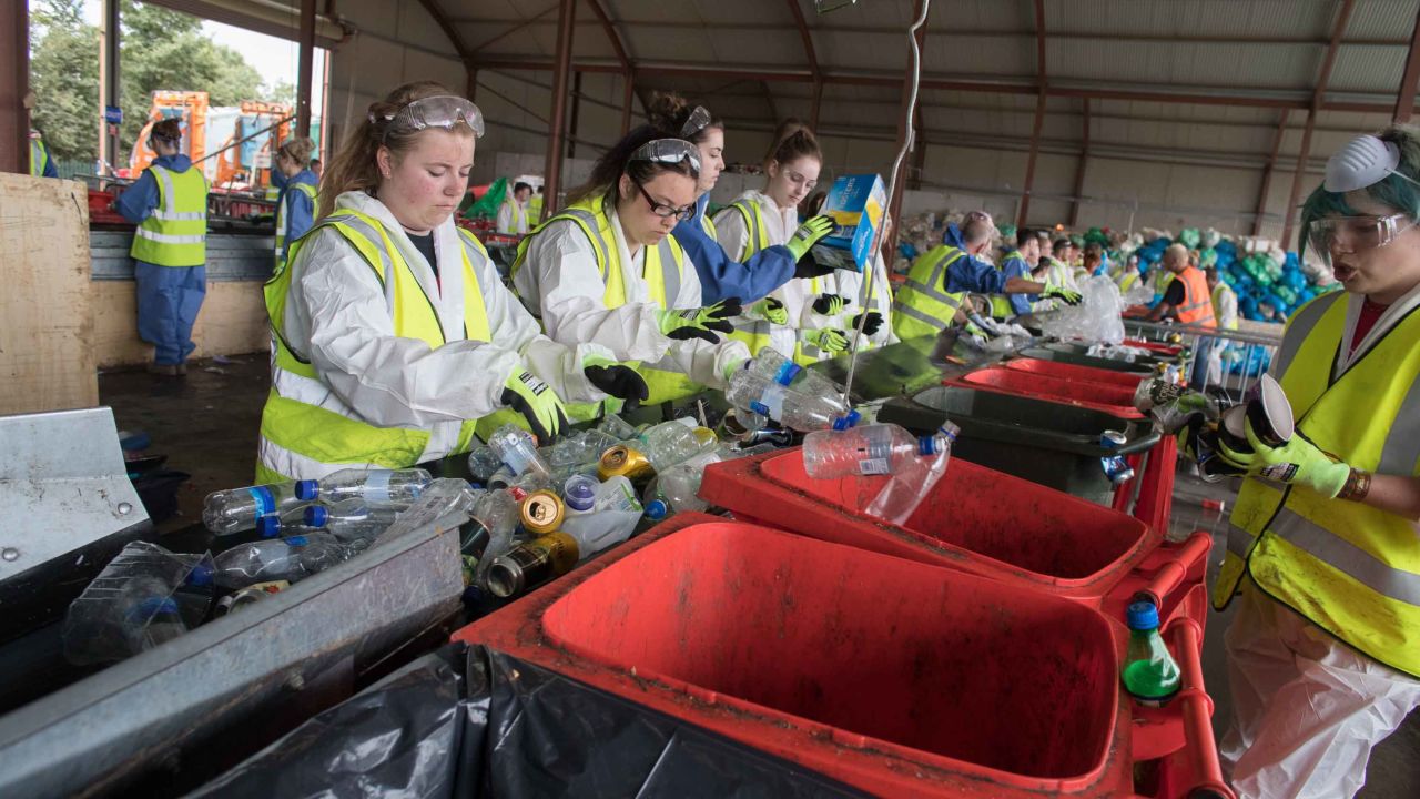 Litter is processed at the Glastonbury Festival's purpose-built recycling center in June 2017.