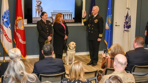 Sully H.W. Bush, former service dog to the late President George H.W. Bush, being sworn in at the Walter Reed National Military Medical Center on February 27, 2019 in Bethesda, Maryland.