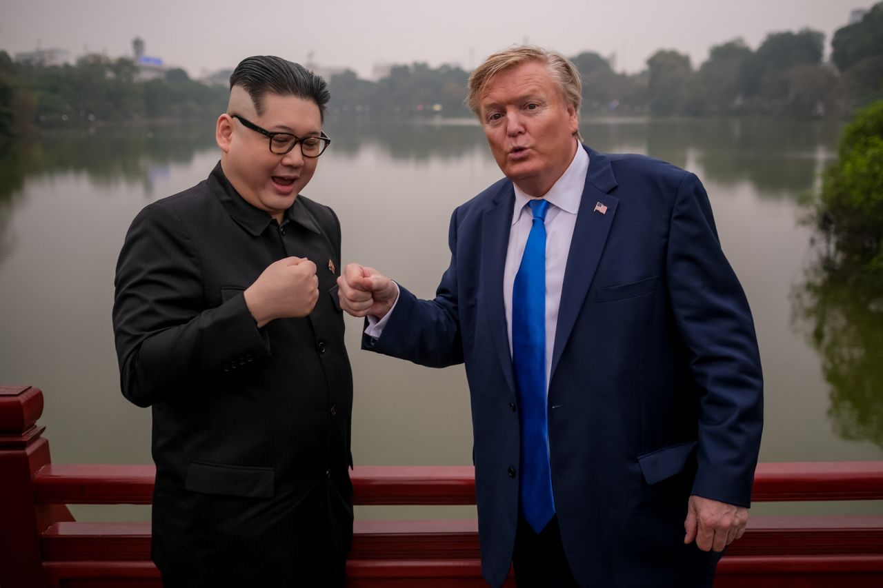 Hong Kong-based Kim Jong Un impersonator "Howard X," and Donald Trump lookalike "Russell White" from Canada are seen visiting and posing for photos at Ngoc Son Temple on Hoan Kiem Lake on February 22, 2019 in Hanoi, Vietnam.