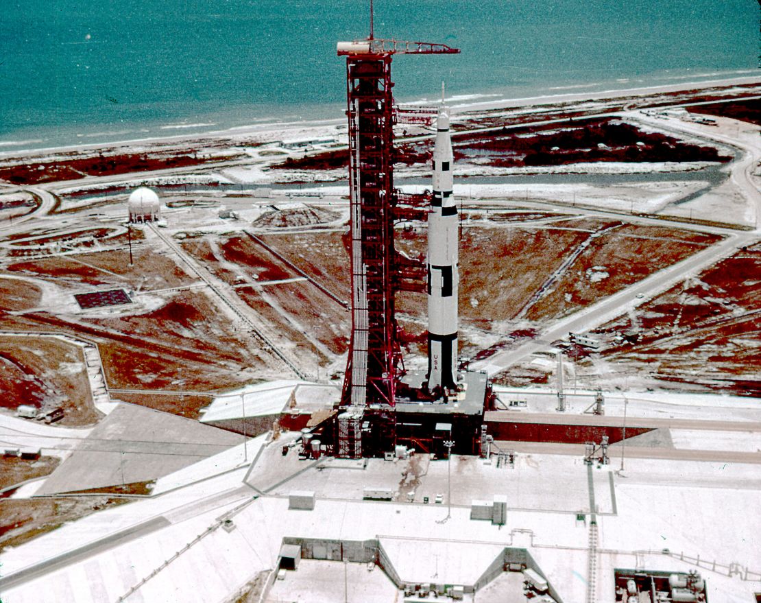 A Saturn V rocket sits on Pad 39A in 1966. Rockets would launch from this location many times during the Apollo program. The site is now used by Elon Musk's SpaceX.