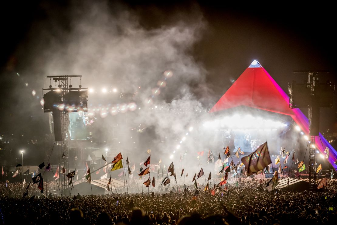 Thousands of festival-goers watch Foo Fighters perform at Glastonbury in 2017. 