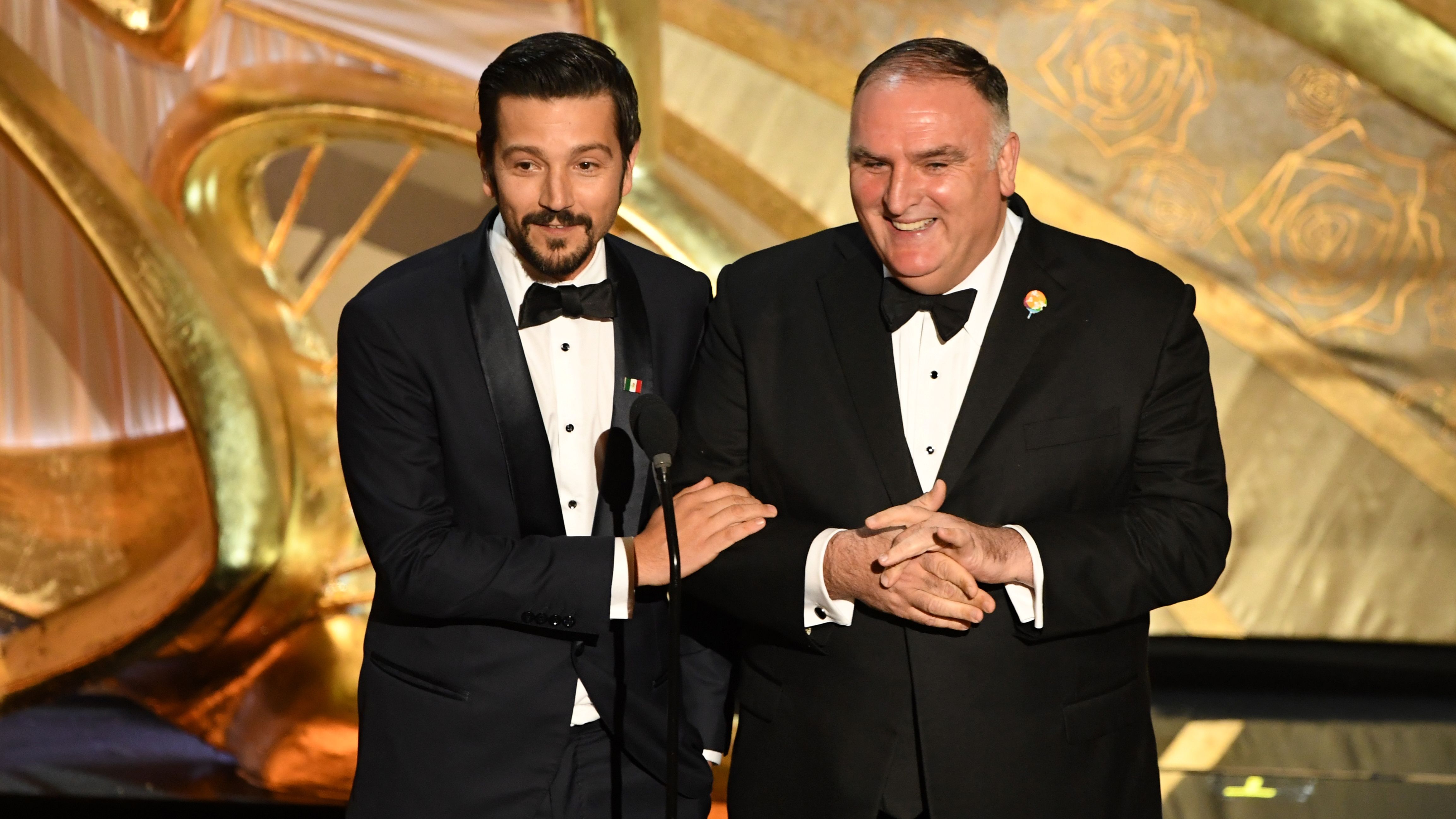 Mexican actor Diego Luna and Chef Jose Andres (L) during the 91st Annual Academy Awards at the Dolby Theatre in Hollywood, California on February 24, 2019. 