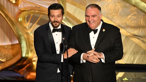 Mexican actor Diego Luna and Chef Jose Andres (L) during the 91st Annual Academy Awards at the Dolby Theatre in Hollywood, California on February 24, 2019. 
