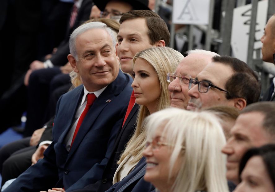 From left, Netanyahu sits beside senior White House advisers Jared Kushner and Ivanka Trump, Israeli President Reuven Rivlin and US Treasury Secretary Steve Mnuchin during the opening of the new US Embassy in Jerusalem in May 2018.