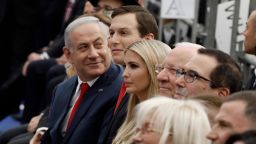TOPSHOT - Israel's Prime Minister Benjamin Netanyahu (L), Senior White House Advisor Jared Kushner (C-R), US President's daughter Ivanka Trump (3rd R), US Treasury Secretary Steve Mnuchin (R) and Israel's President Reuven Rivlin (2nd R) attend the opening of the US embassy in Jerusalem on May 14, 2018. - The United States moved its embassy in Israel to Jerusalem after months of global outcry, Palestinian anger and exuberant praise from Israelis over President Donald Trump's decision tossing aside decades of precedent. (Photo by MENAHEM KAHANA / AFP)        (Photo credit should read MENAHEM KAHANA/AFP/Getty Images)