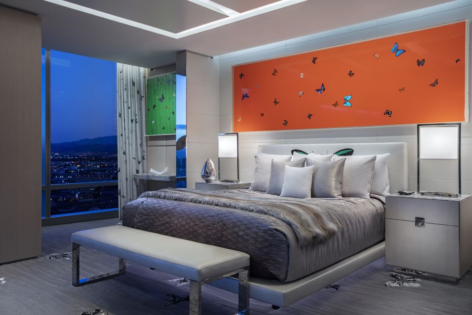 <strong>Bedrooms:</strong> The two master bedrooms have California-king beds and spacious closets and bathrooms. The suite features custom furniture and textiles incorporating Hirst's butterfly and pharmacy motifs.