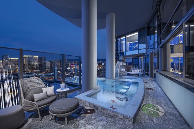 <strong>Pool with a view:</strong> A cantilevered pool overlooking the Las Vegas Strip features mosaic tile incorporating Hirst's butterfly motif.