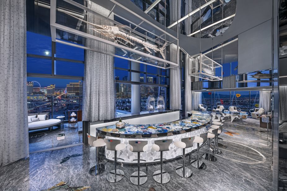 <strong>Palms Casino Resort: </strong>The Palms in Las Vegas has unveiled a luxury Sky Villa designed by British artist Damien Hirst. A marlin skeleton and a taxidermy marlin are suspended over a translucent bar filled with medical waste.
