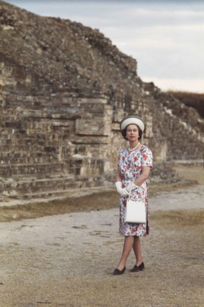 1975: Queen Elizabeth II visits an ancient pyramid during a state visit to Mexico in a more casual look.