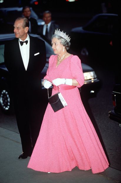 May 4, 1993: The Queen and Prince Philip arrive in formal attire at an official banquet in Budapest, Hungary. 