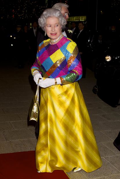 November 29, 1999: Queen Elizabeth attends the Royal Variety Performance at the Birmingham Hippodrome in a colorful sequined look.