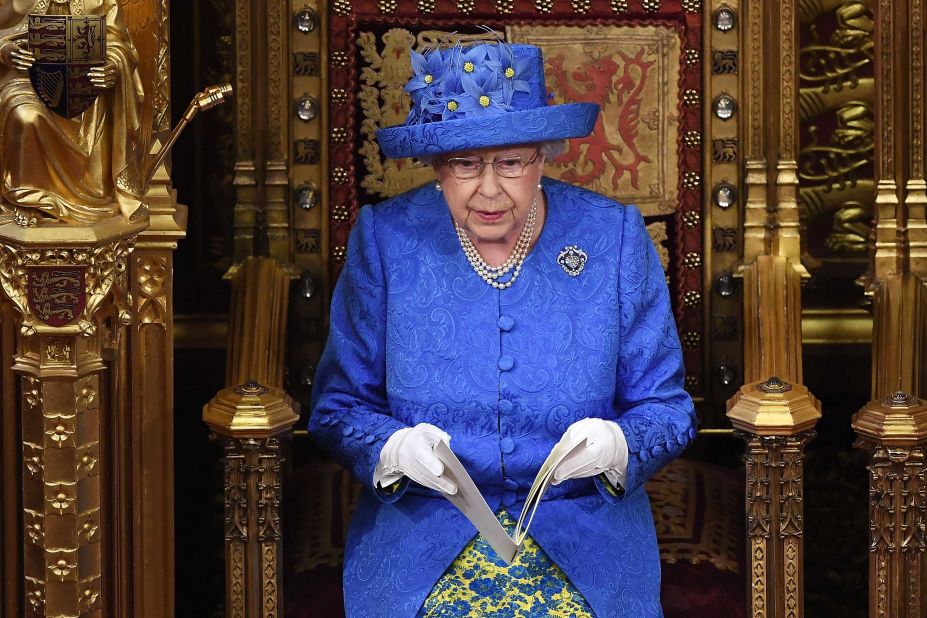 June 21, 2017: Queen Elizabeth attends the State Opening Of Parliament in the House of Lords in London in a hat that many interpreted as a nod to the European Union flag.