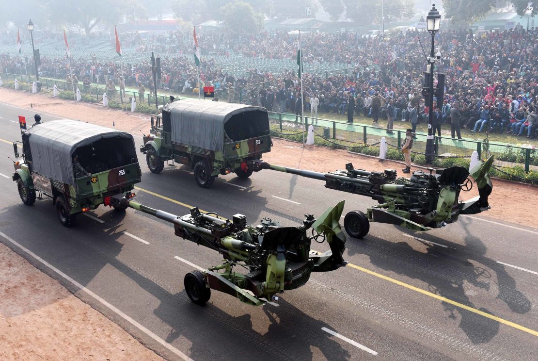Indian M777 howitzers are displayed during a rehearsal for the Republic Day Parade on January 23, 2019, in New Delhi, India. The guns are top-line US technology, analysts say.