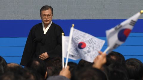 South Korea's President Moon Jae-in attends a ceremony commemorating the 100th anniversary of the March First Independence Movement against Japanese colonial rule, in Seoul on March 1, 2019.