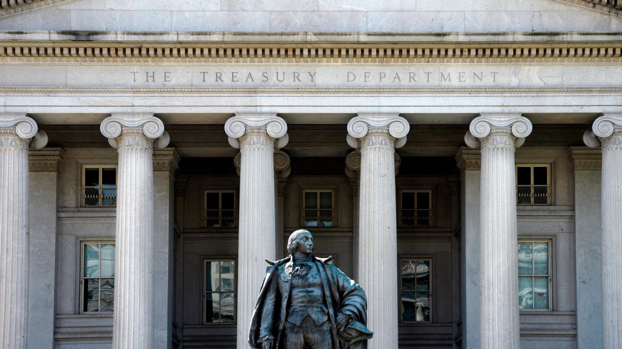 WASHINGTON, D.C. - APRIL 22, 2018:  A statue of Albert Gallatin, a former U.S. Secretary of the Treasury, stands in front of The Treasury Building in Washington, D.C. The National Historic Landmark building is the headquarters of the United States Department of the Treasury. (Photo by Robert Alexander/Getty Images)