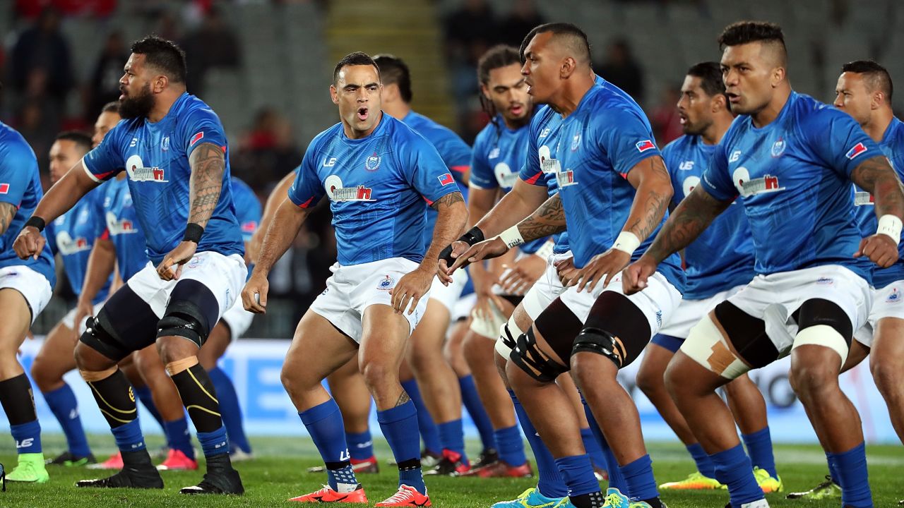 The Samoan team perform the haka before taking on New Zealand in 2017.