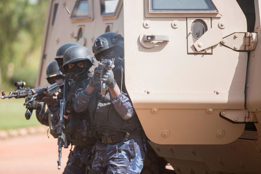A Burkinabe police officer with the Special Intervention Unit (SIU) fires his AK-47 rifle during a simulated terrorist attack as part of exercise Flintlock 2019 in Ouagadougou, Burkina Faso, Feb. 27, 2019. Members of the SIU were the first responders to the simulated terrorist attack and responsible for neutralizing any threats. (U.S. Army photo by Staff Sgt. Anthony Alcantar)