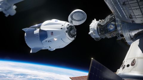 This rendering shows SpaceX's Crew Dragon linging up with its docking port at the ISS.