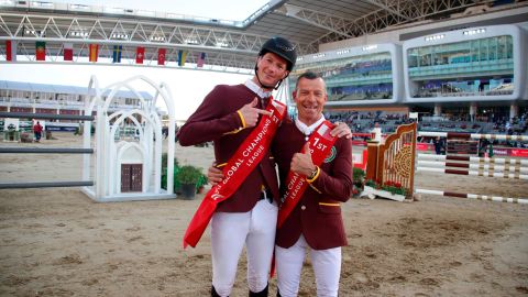 Daniel Deusser (left) and Pius Schwizer of Shanghai Swans celebrate their win in Doha.