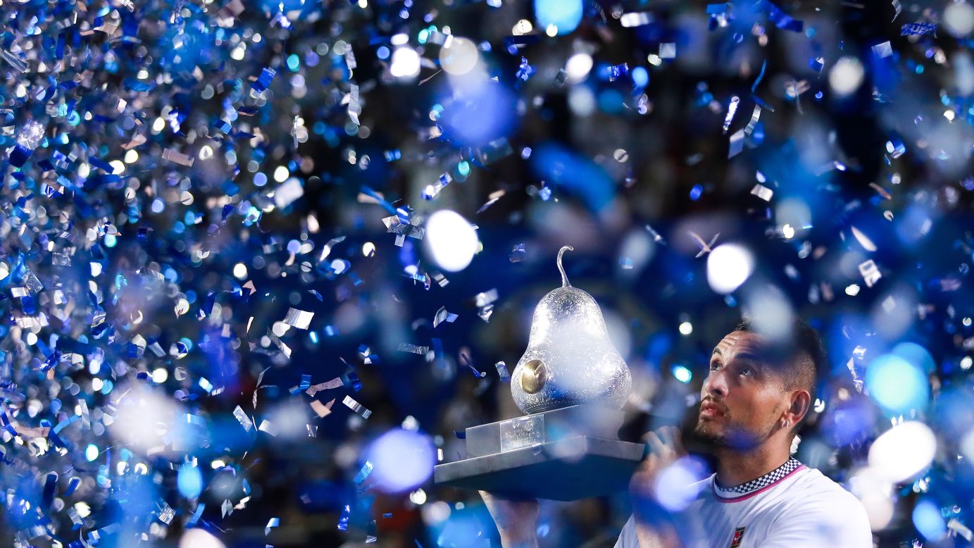 Nick Kyrgios of Australia is doused in confetti after winning the Telcel Mexican Open on Saturday, March 2, in Acapulco, Mexico. Kyrgios defeated Alexander Zverev in straight sets.