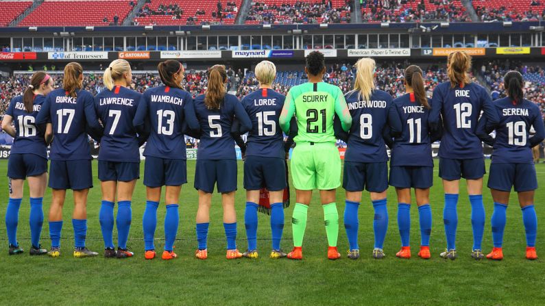 Members of the US Women's national soccer team pose in <a href="index.php?page=&url=https%3A%2F%2Fwww.cnn.com%2F2019%2F03%2F02%2Fsport%2Fuswnt-jerseys-shebelieves-cup%2Findex.html" target="_blank">jerseys honoring inspirational women</a> before their SheBelieves Cup match with England on Saturday, March 2, in Nashville, Tennessee. Notable women included music icons such as Beyoncé and Cardi B, fellow athletes Serena Williams and Mia Hamm, and Supreme Court Justice Ruth Bader Ginsburg.