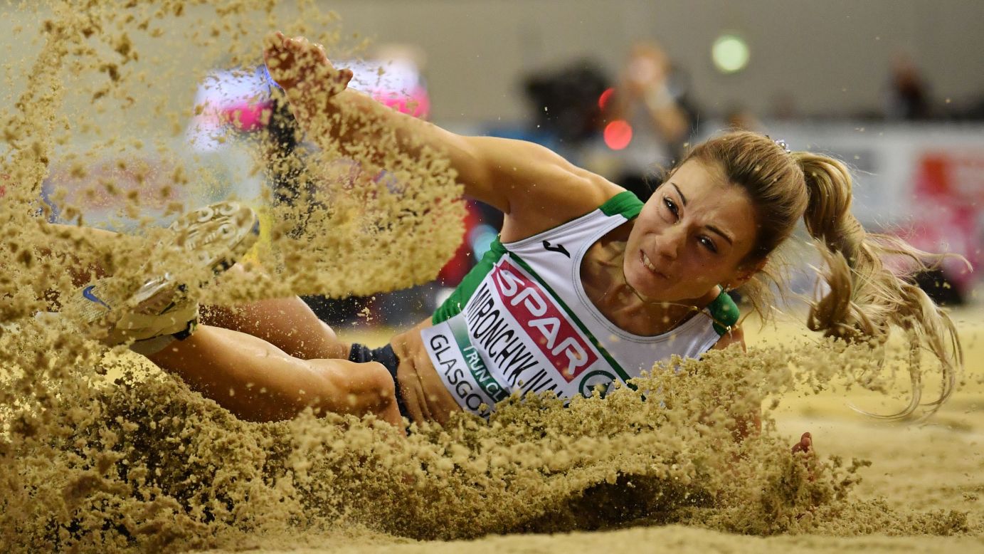 Nastassia Mironchyk-Ivanova competes in the women's long jump final at the 2019 European Athletics Indoor Championships in Glasgow on March 3.