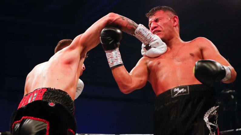 Bradley Smith and Oscar Amador trade punches during their March 2 Super-Lightweight fight at East of England Arena in Peterborough, England.