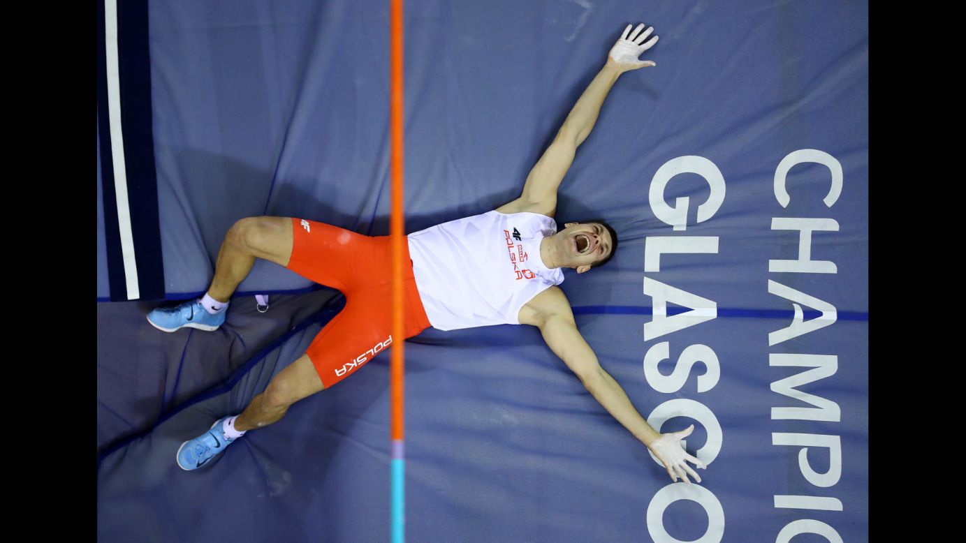 Pawel Wojciechowski of Poland reacts during the Men's Pole Vault Final at the 2019 European Athletics Indoor Championships on March 2, in Glasgow, Scotland.