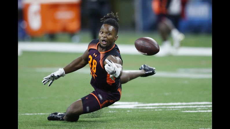 Wide receiver Noonie Murray of Florida State tries to catch a pass during day three of the NFL Combine on March 2, at Lucas Oil Stadium.