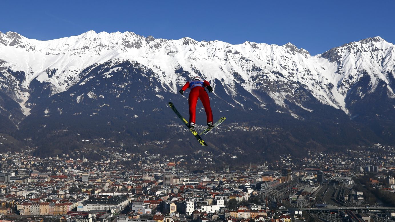 Russia's Viacheslav Barkov soars through the air during the Nordic Combined event at the Nordic Ski World Championships in Innsbruck, Austria, on Sunday, February 24.