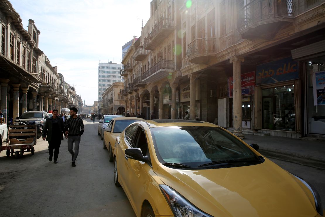 A general view shows traffic on Al-Rashid Street in Baghdad's historic center on January 21.