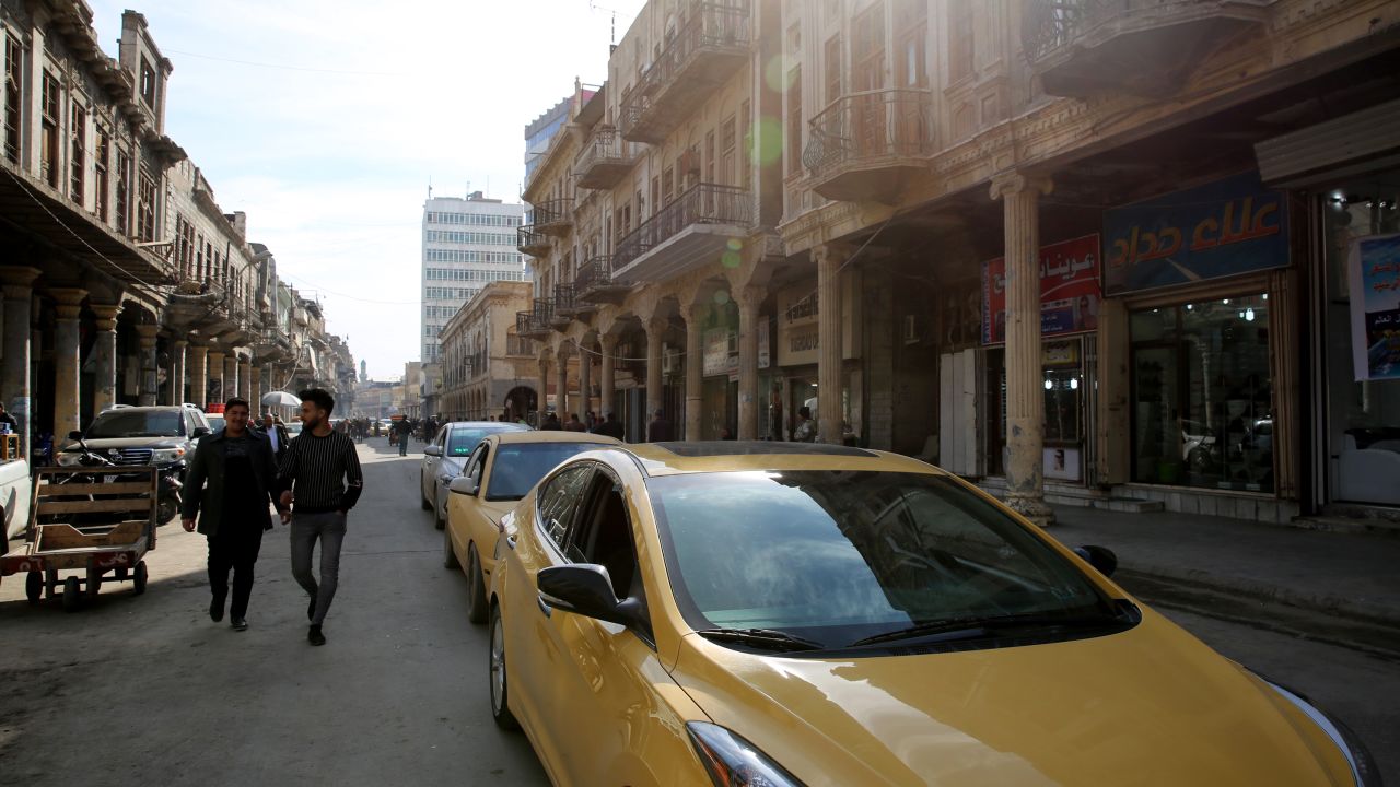 A general view shows traffic on Al-Rashid Street in Baghdad's historic center on January 21.