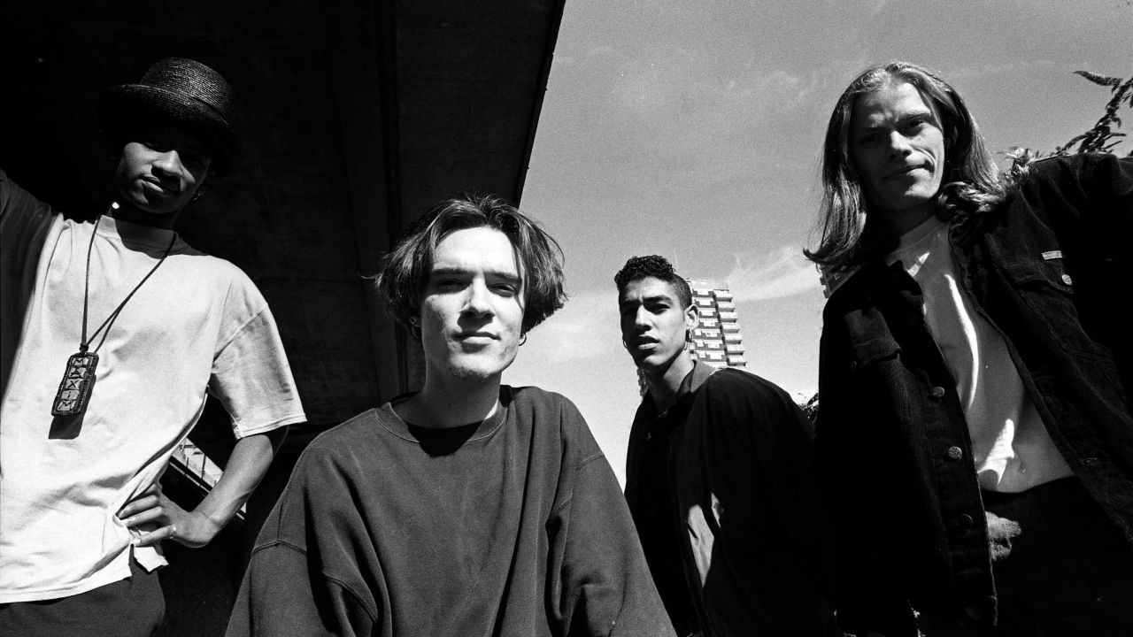 The Prodigy in a group portrait in 1991, with Keith Flint on the far right.
