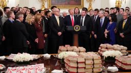 US President Donald J. Trump welcomes the 2018 FCS Division I Football National Champions, the North Dakota State Bison team to the White House on March 4, 2019 in Washington,DC. - A spread of french fries, chic-fil-a sandwiches and Big Macs awaited the North Dakota State University Bison football team. (MANDEL NGAN/AFP/Getty Images)