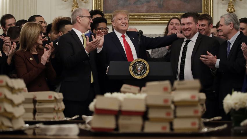 President Donald Trump welcomes 2018 NCAA FCS College Football Champions, The North Dakota State Bison, to the White House in Washington, Monday, March 4, 2019. (AP/Carolyn Kaster)