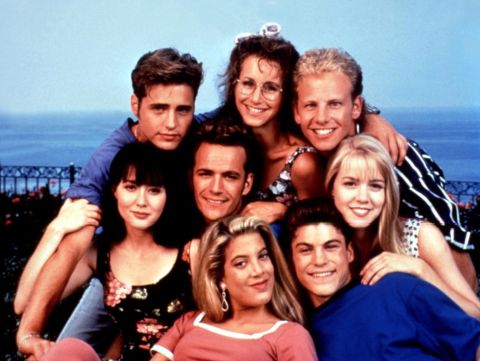 Perry, center, became a star while playing Dylan McKay on the hit TV series "Beverly Hills, 90210." Posing with Perry here, clockwise from top left, are Jason Priestley, Gabrielle Carteris, Ian Ziering, Jennie Garth, Brian Austin Green, Tori Spelling and Shannen Doherty.