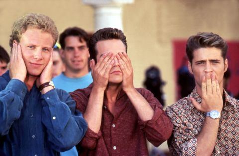 From left, Ziering, Perry and Priestley on the set of "90210."