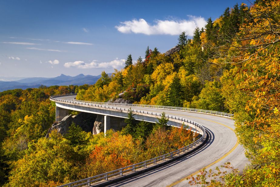 <strong>2. Blue Ridge Parkway, North Carolina/Virginia.</strong> The parkway wanders for more than 450 miles through two states with stunning foliage that varies by season. There are plenty of stops to take in the views or enjoy a day hike. 